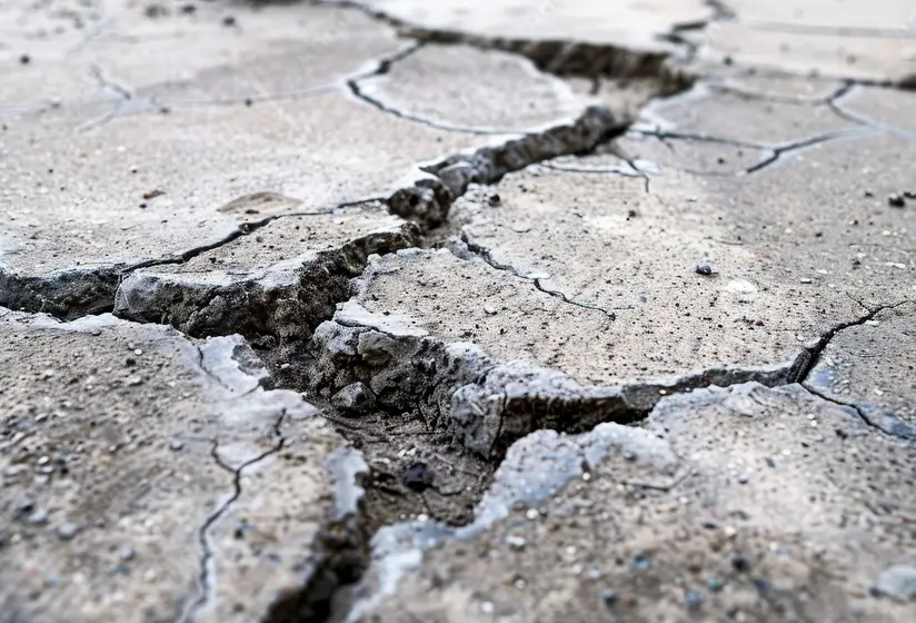 Close-up of severe cracks in a concrete surface, illustrating the urgent need for foundation repair services in Kingston.