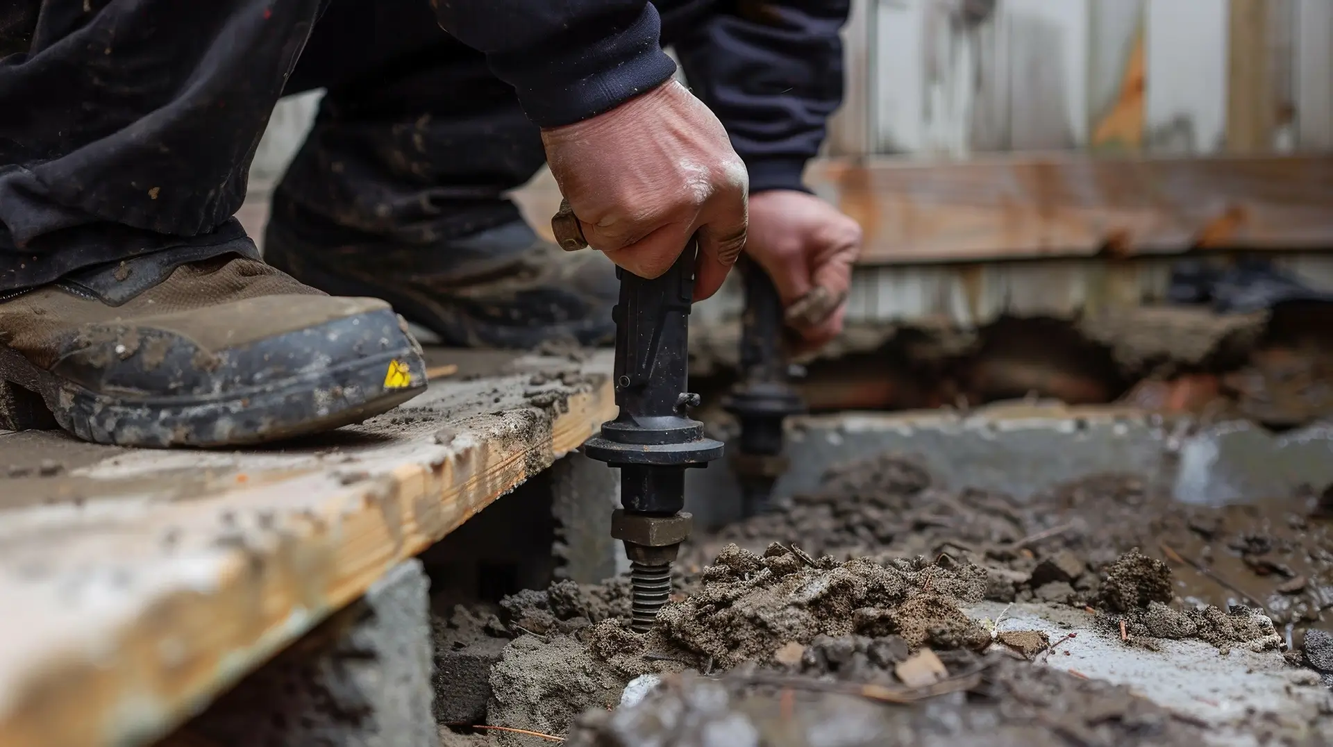 Home foundation under repair with steel beams and cinder blocks providing structural support, illustrating a foundation repair project in Ottawa.