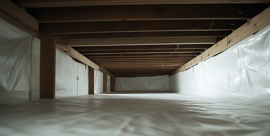Encapsulated crawl space with vapor barrier installed on the floor and walls, showcasing a clean, sealed environment under a home's wooden beams.