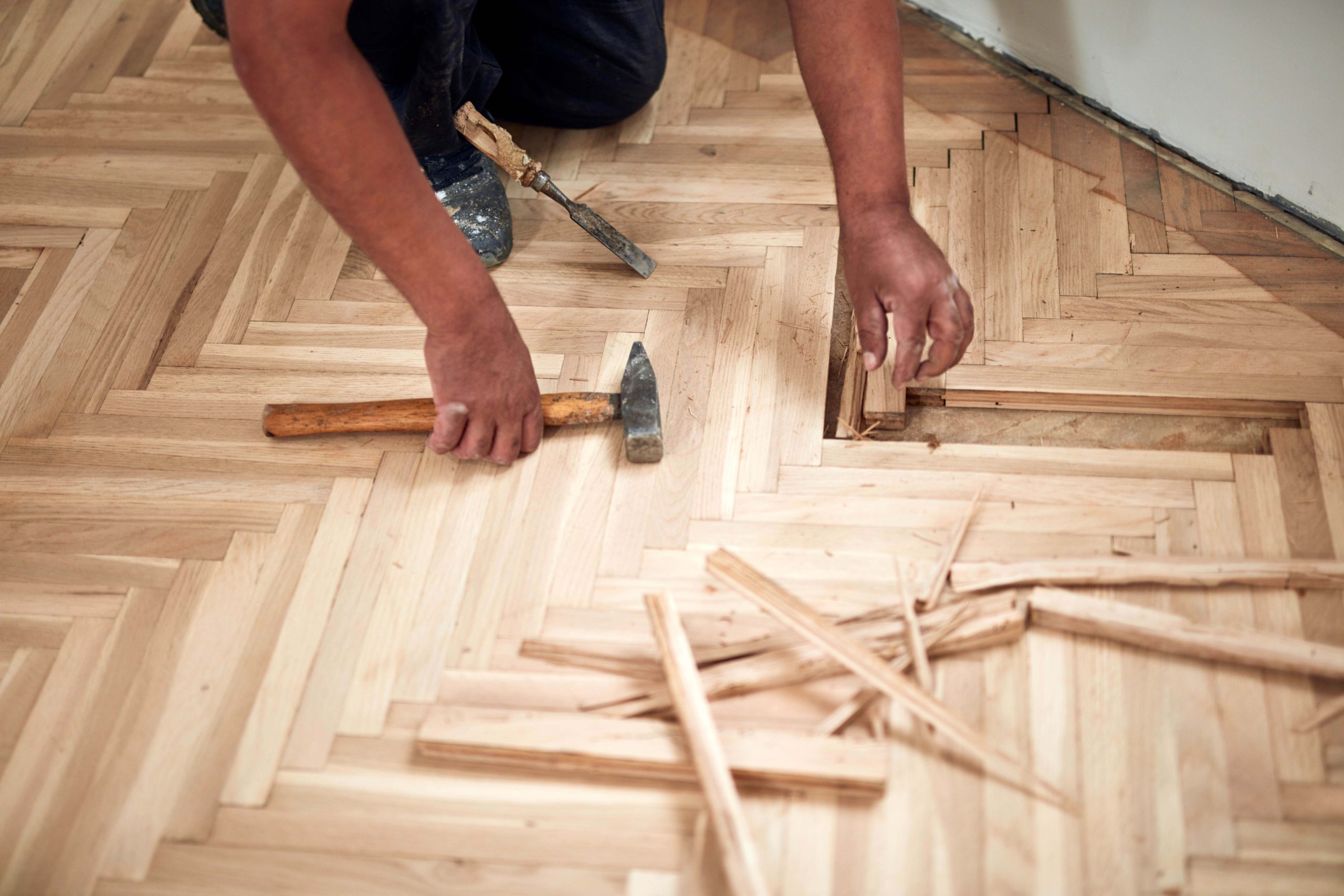 Hands repairing a hardwood floor with tools, demonstrating how to fix creaky floors and address squeaky floorboards in a home.